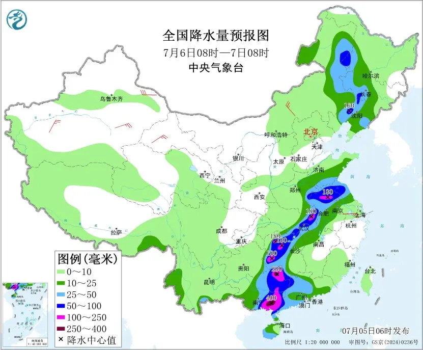 全国降水量预报图(7月6日08时-7日08时)